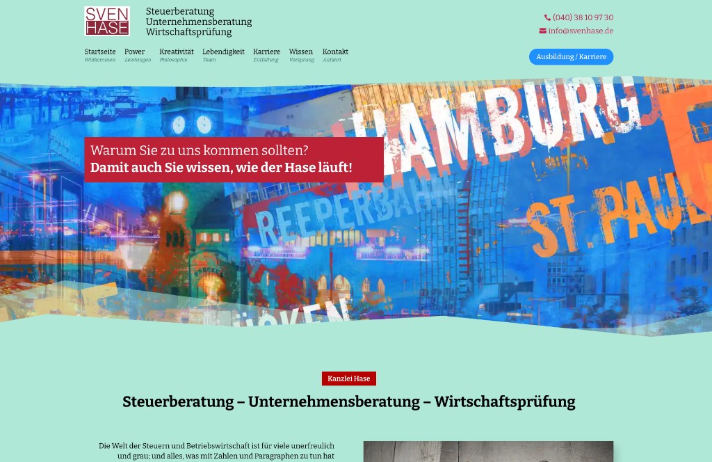 Hero der Sven Hase Website mit Hamburg-Motiv und Kanzlei-Claim