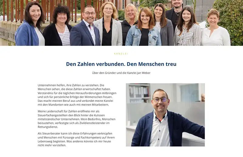 Website Jan Weber Steuerberatung – Kanzlei-Seite mit Team und Positionierung