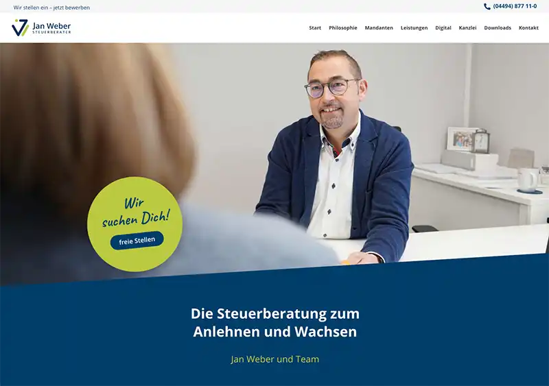 Website Jan Weber Steuerberatung – Startseite mit Hero und Recruiting-Hinweis