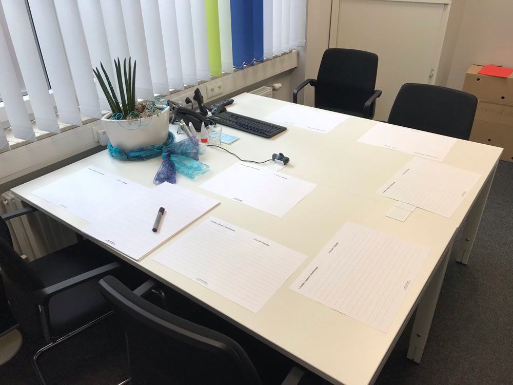 Workshop-Tisch mit Arbeitsblättern zur Positionierung