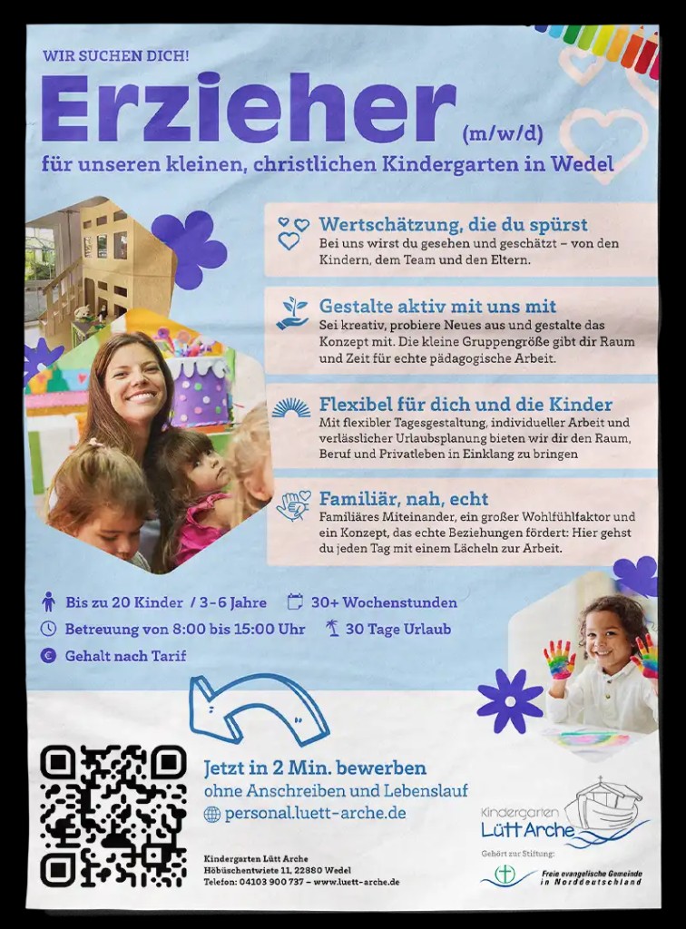 Recruiting-Plakat Kindergarten Lütt Arche – Erzieher gesucht in Wedel